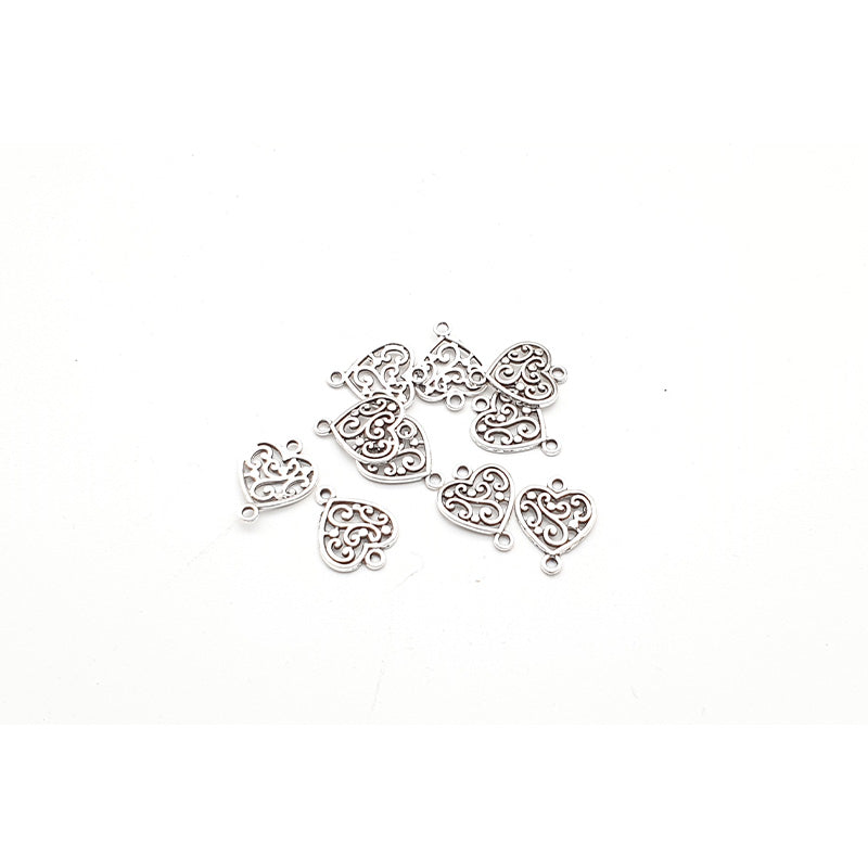 Filigree Heart Connector Charm - Silver- 10pcs