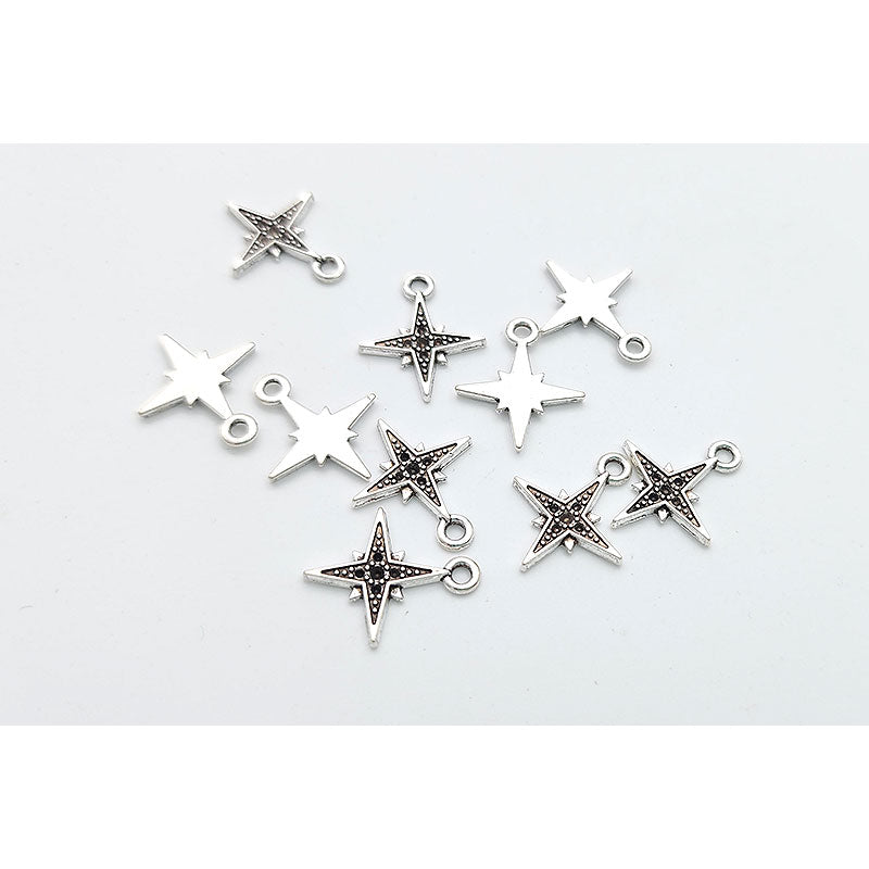 Silver Star with Black Crystal Charm - 10 pcs