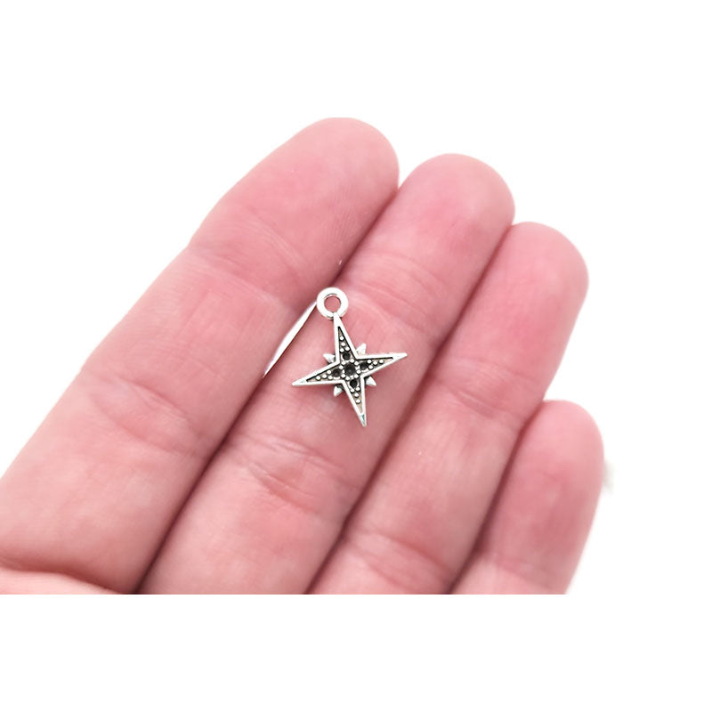 Silver Star with Black Crystal Charm - 10 pcs